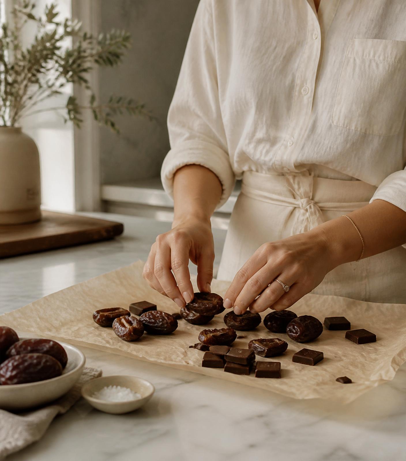 Hands arranging medjool dates and dark chocolate in a Los Angeles kitchen
